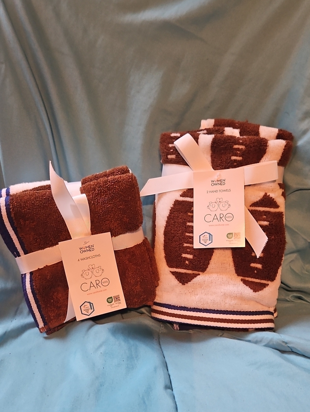 CARO Football Print Hand Towels and Washcloths - Brown & White
